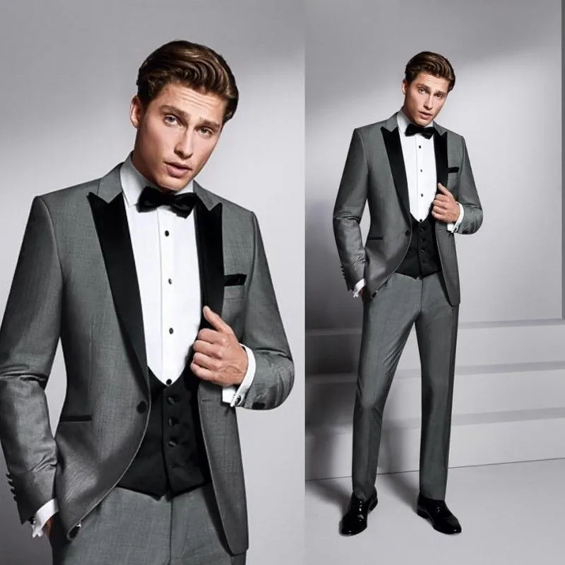 

Новые серые + черные свадебные смокинги на заказ с лацканами для выпускного/вечернего костюма для мужчин 3 предмета Мужские костюмы (пиджак +...