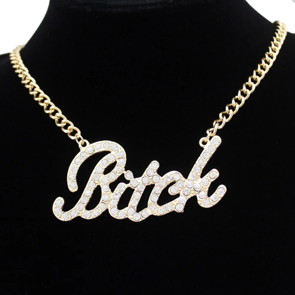 Знаменитостей городской Золотой Bling сука слово Кристалл камни кулон цепь чокер воротник колье массивное ожерелье ювелирные изделия в стиле "Бохо"
