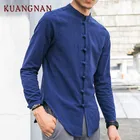 Мужские рубашки с длинным рукавом KUANGNAN, однотонная Повседневная Уличная рубашка из хлопка и льна в китайском стиле, новинка 2019