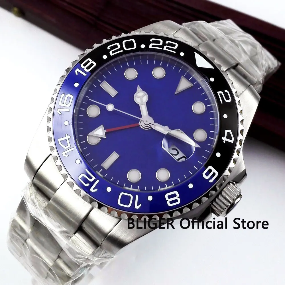 

Сапфировое стекло BLIGER 40 мм, стерильный циферблат, автоматические мужские часы, черный синий керамический ободок, красный указатель GMT