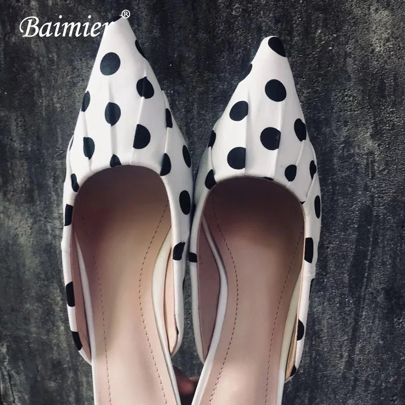 White Polka Dot Mule Baimier/летние женские босоножки в горошек; женские туфли без задника с острым носком; женские шлепанцы на каблуке «рюмочка»; удобная женская обувь без застежки - Цвет: White Polka Dot Mule