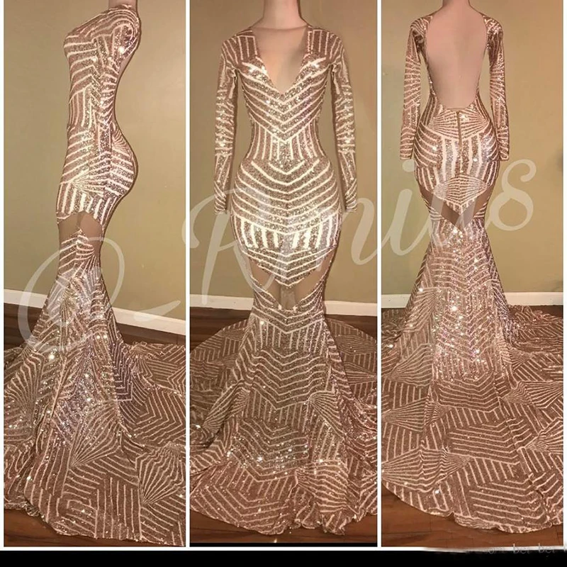 

Rose Gold Sequined African Prom Dresses 2019 Hot Sell Long Sleeves V Neck Backless Sexy Mermaid Evening Dress Arabic Formal Wear