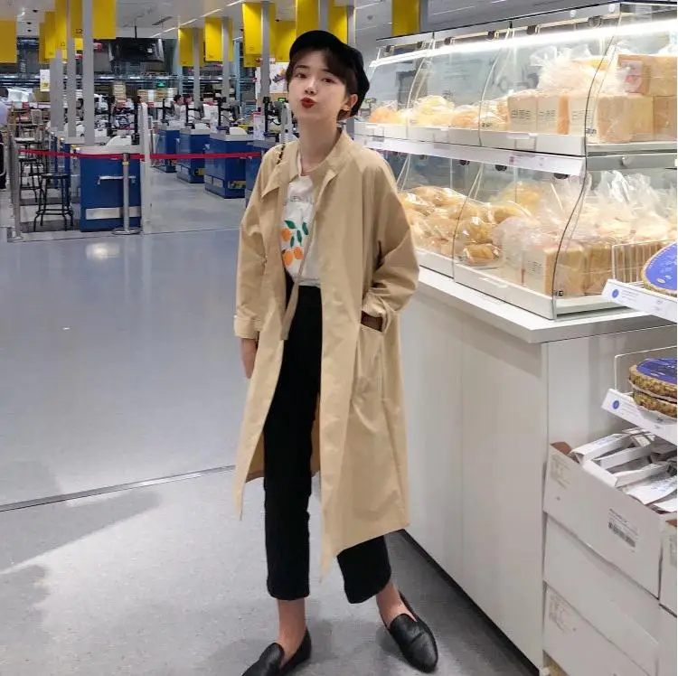 

2019 New Spring Summer Women's Casual Trench Coat Neckline tie Oversize Vintage Washed Outwear Loose Clothing Long Sleeve Trench
