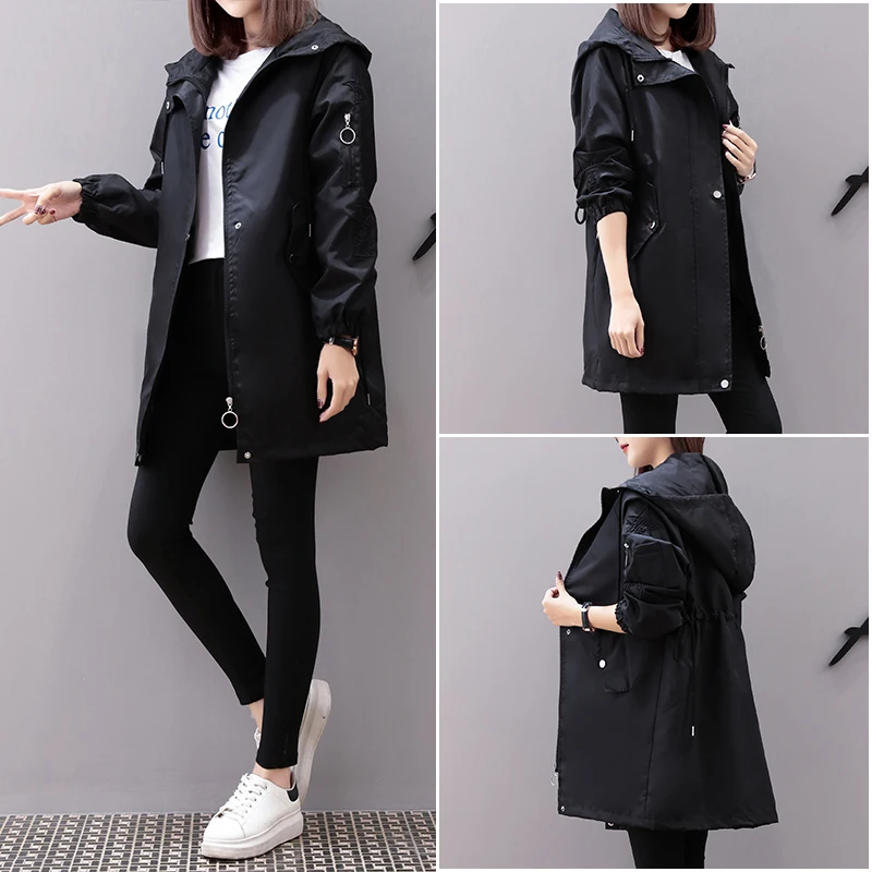 Женский свободный тренчкот размера плюс весенний с капюшоном женское однотонное