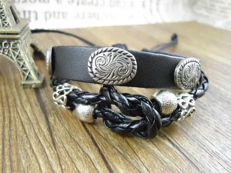 Мужские и женские кожаные браслеты черные с заклепками|leather chain bracelet|braceletleather flower