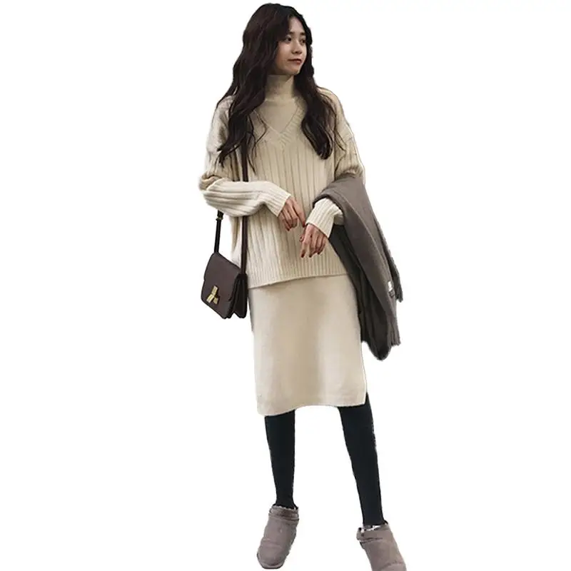 

Женский осенне-зимний Свободный Повседневный пуловер с v-образным вырезом, свитер + водолазка без рукавов, Облегающее вязаное платье-каранд...