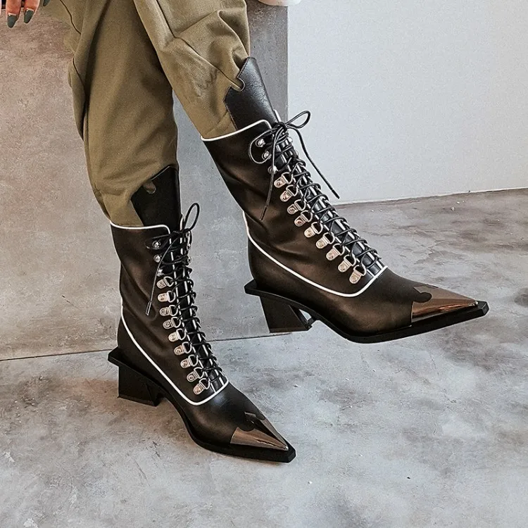 

MLJUESE 2020 women Mid-calf boots cow leather lace up black color metal decoration high heels boots autumn spring boots