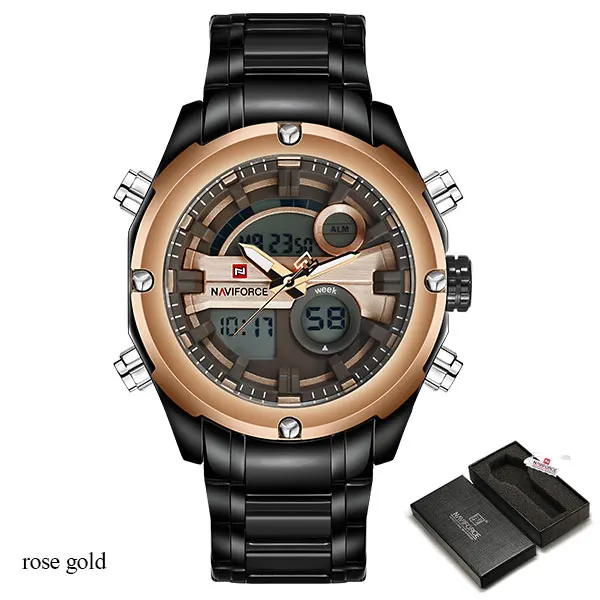 Black Gold Naviforce для мужчин 30 м водонепроницаемые часы полностью из нержавеющей стали Аналоговый Цифровой дисплей светодиодный часы для мужчин s военные часы Relogio Masculino - Цвет: Black Gold