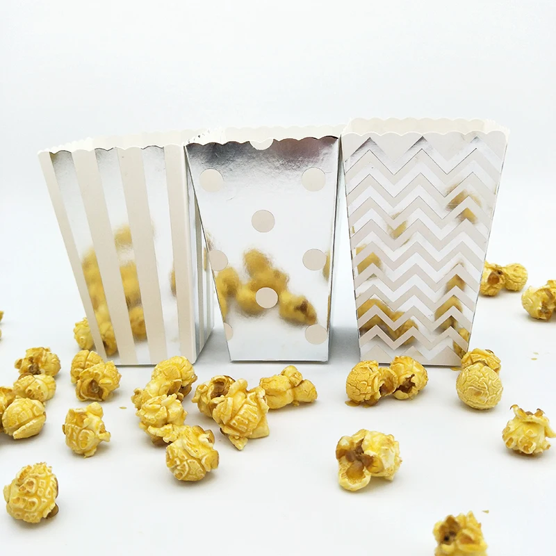 

24pcs Foil Rose Gold Silver Striped/Dot/Chevron Popcorn Boxes Birthday Party Candy Bags Sanck Containers Movie Party Supplies