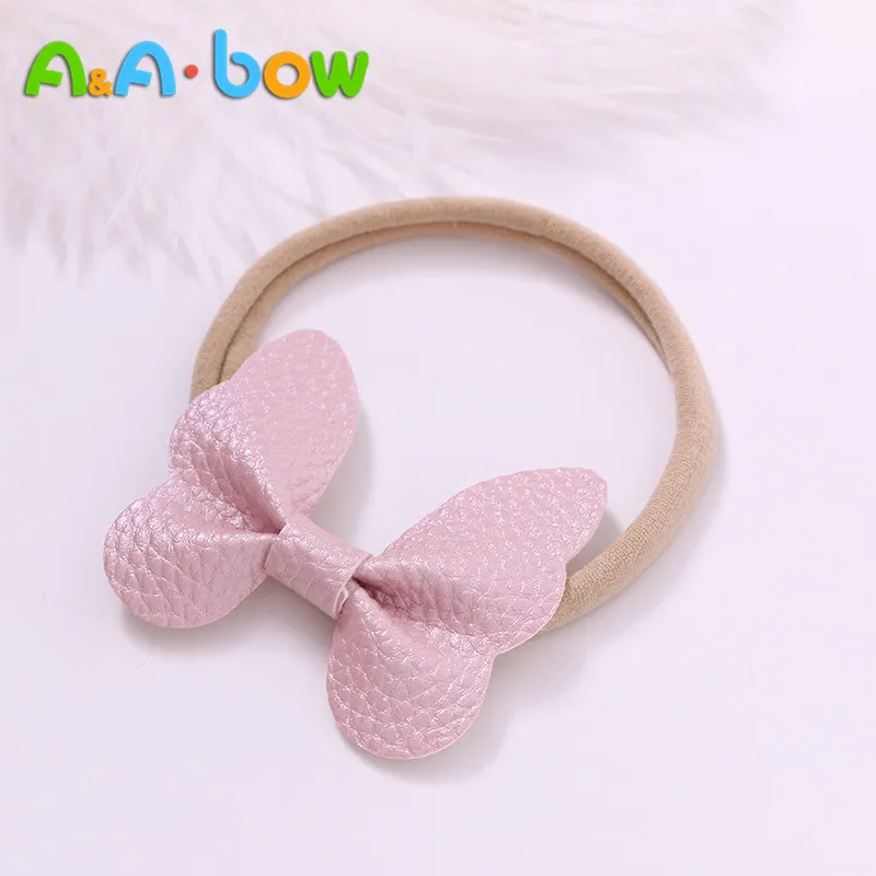 Diadema el&aacute;stica de piel sint&eacute;tica para beb&eacute;, bandanas con lazo de mariposa para ni&ntilde;a, accesorios para el cabello de nailon suave de Color caramelo, 1 ud.-4