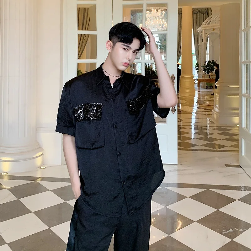 Повседневные рубашки с карманами и блестками повседневные мужские коротким