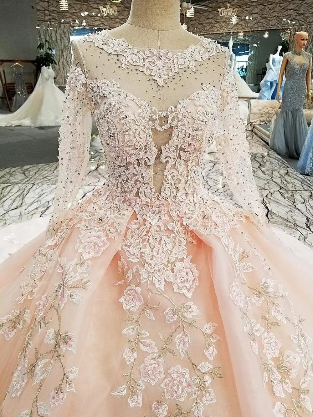 00322 vestido de festa прозрачное бальное платье с аппликацией сзади длинными рукавами и