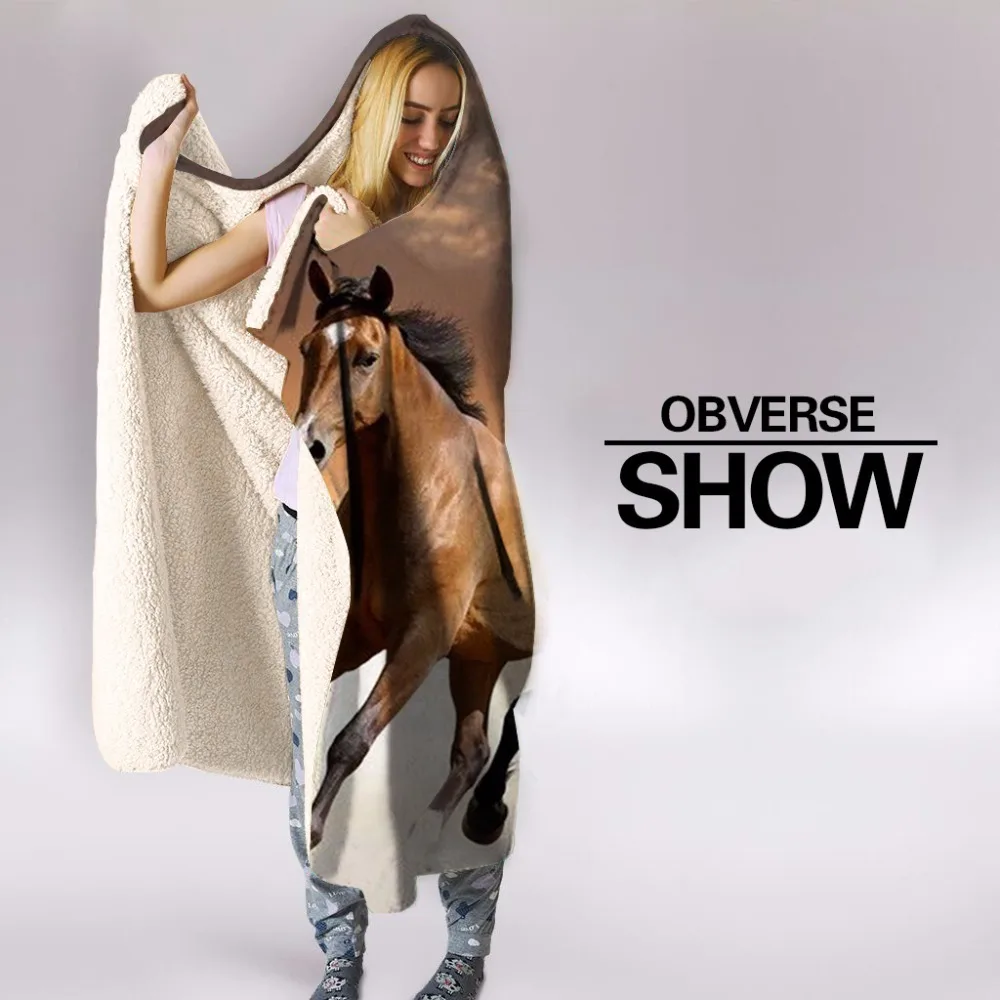 Одеяло с капюшоном и 3D принтом лошадей для взрослых детей шерстяное теплое