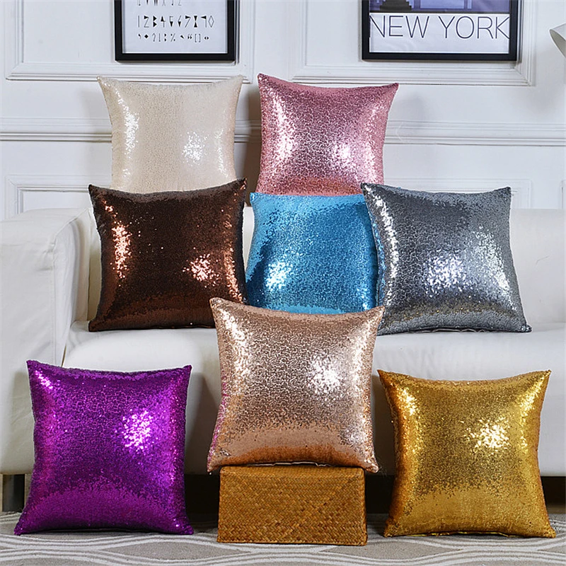 

NEW Sequined Sofa Coffee Shop Bed Soft Pillowcase Solid Color Pink Silvery Golden Blue Modern Pillow Seat Cushion