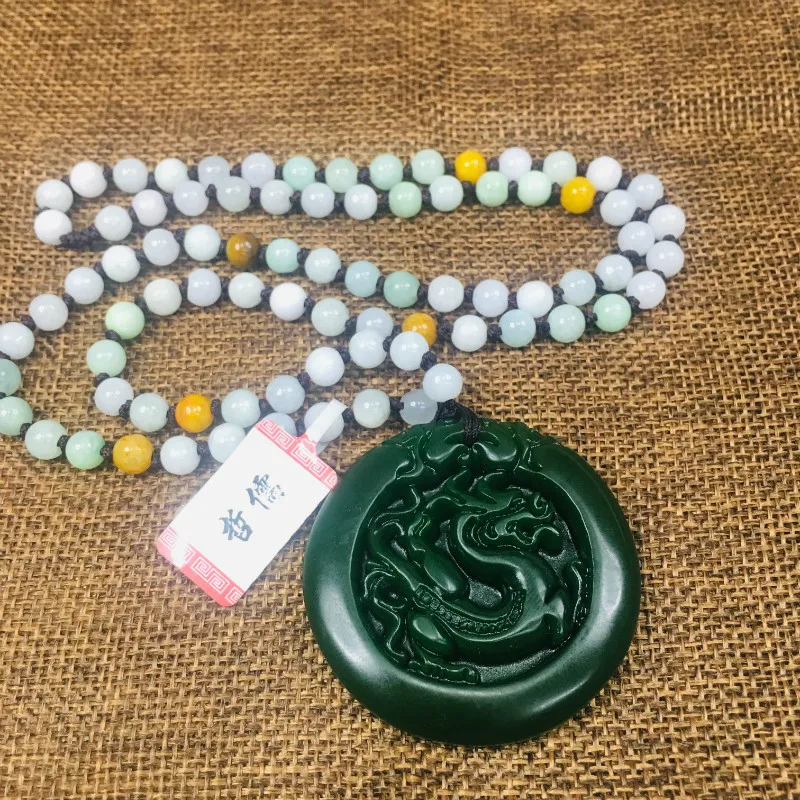 

New Natural JADESt Pendant Beautifully carved round vintage dragon pendant with three color beaded chain sweater chain