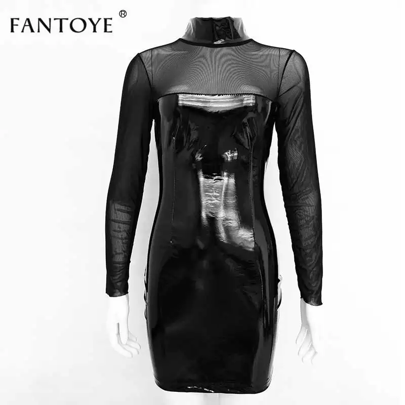 Fantoye/черное Сетчатое мини-платье из искусственной кожи в стиле пэчворк; сексуальное облегающее платье с высоким воротом и длинным рукавом; прозрачные вечерние платья для ночного клуба - Цвет: Black