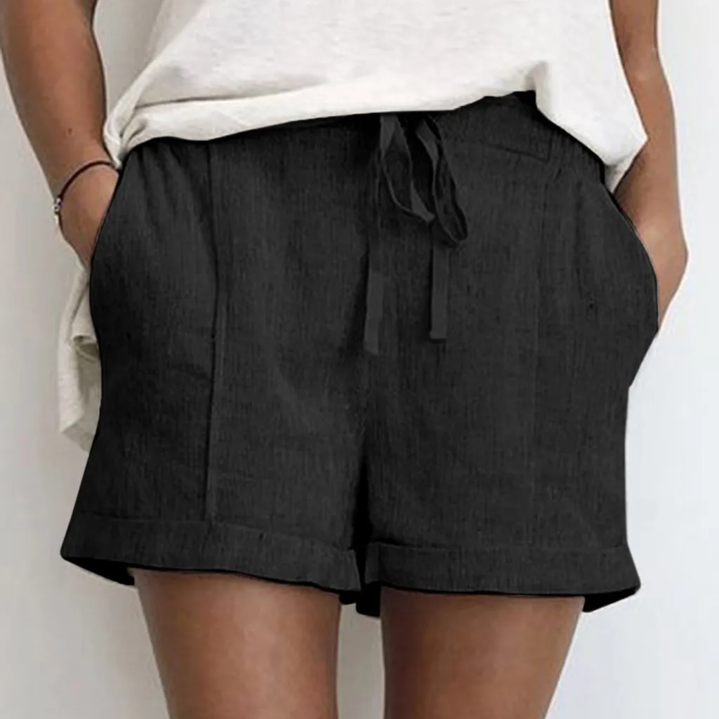 Модные женские летние однотонные хлопковые и льняные повседневные шорты с