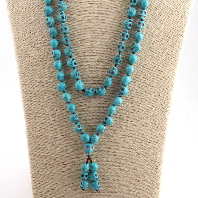 Drop Shipping Bohemian Jewelry Blue Long Knotted Tibetan Buddhism 108 Skull Heads Prayer Bead Mala Necklace |