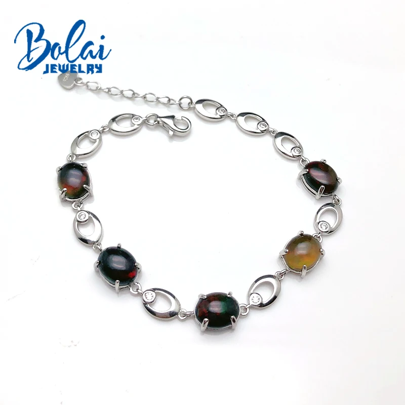 

Bolaijewelry,Natural black opal oval 6*8mm 4.55ct gemstone Bracelet 925 sterling silver fine jewelry women daily wear gift