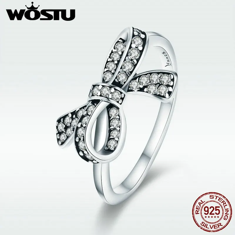 WOSTU Настоящее серебро 100% 925 пробы любовь бант палец кольца для женщин модные