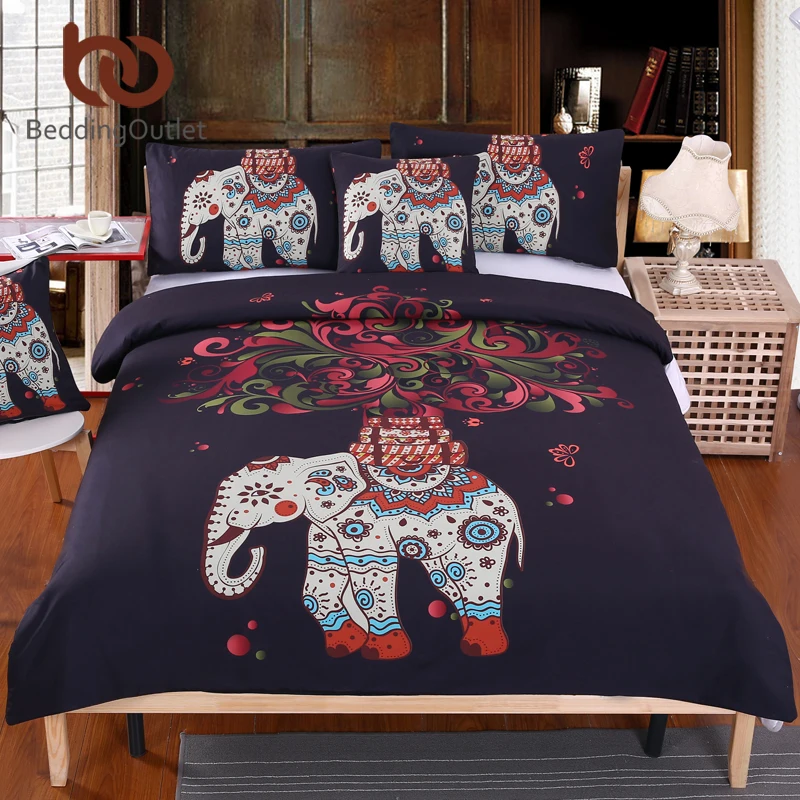 BeddingOutlet Boho Bedding Set Indian Elephant Black Printed Bohemia Duvet Cover Bedspread Twin Full Queen King Bed 4Pcs|king bed set|bed setbedding