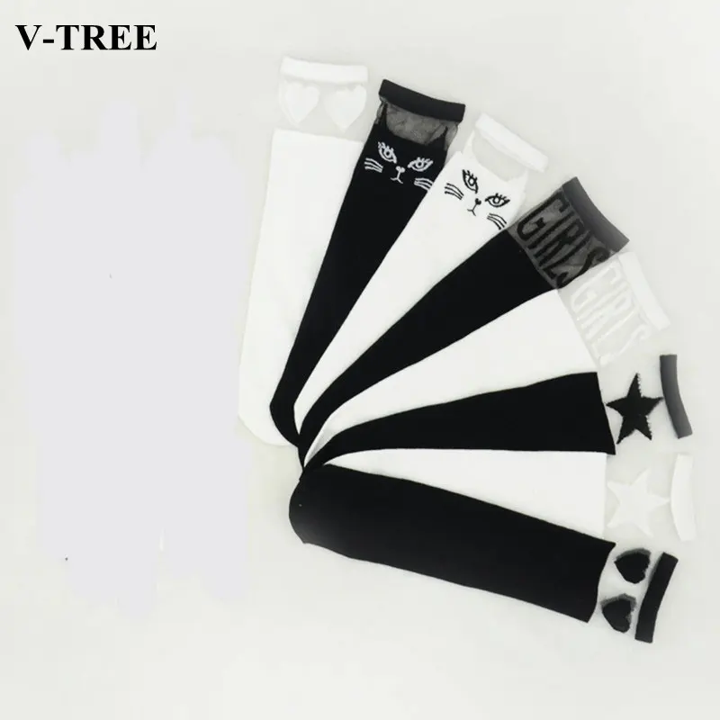 

V-TREE Fashion lace stitching baby knee high socks black/white girls knee socks cotton kids school socks
