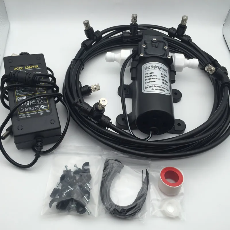

C184 6pcs slip lock mist nozzles with 12V DC water spray pump and power supply for irrigation humidification system