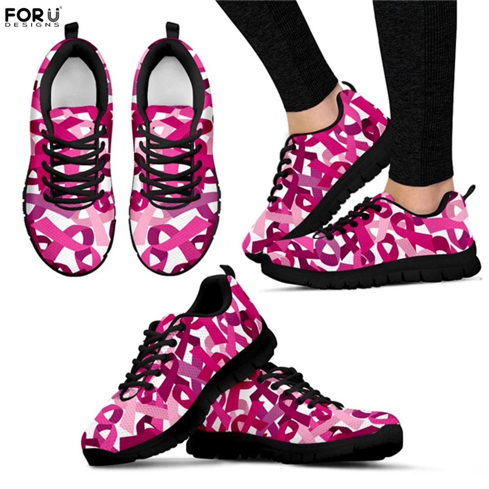 FORUDESIGNS Women Casual Flats Shoes Breast Cancer Awareness Prints Female Comfortable Mesh Woman Leisure Sneakers | Обувь