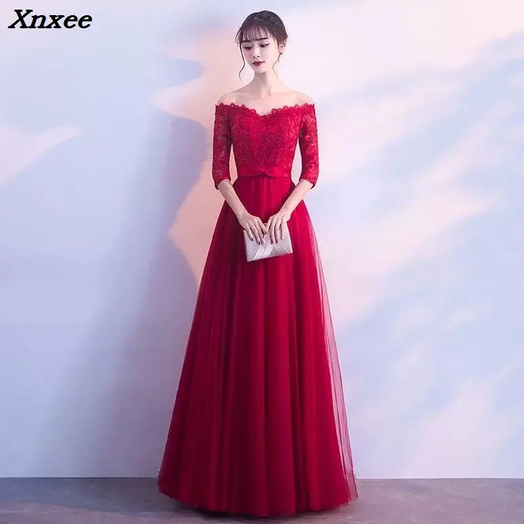 Vestidos 2018 элегантное бордовое кружевное длинное вечернее платье с открытыми