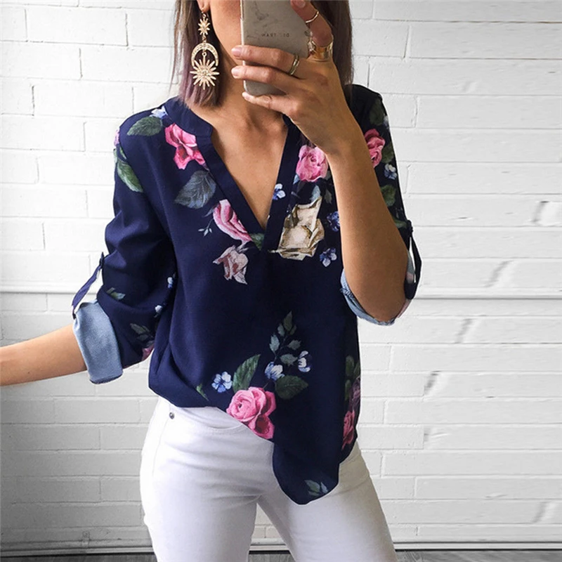Блузка женская с цветочным принтом V образным вырезом и рукавом 3/4|Блузки| |