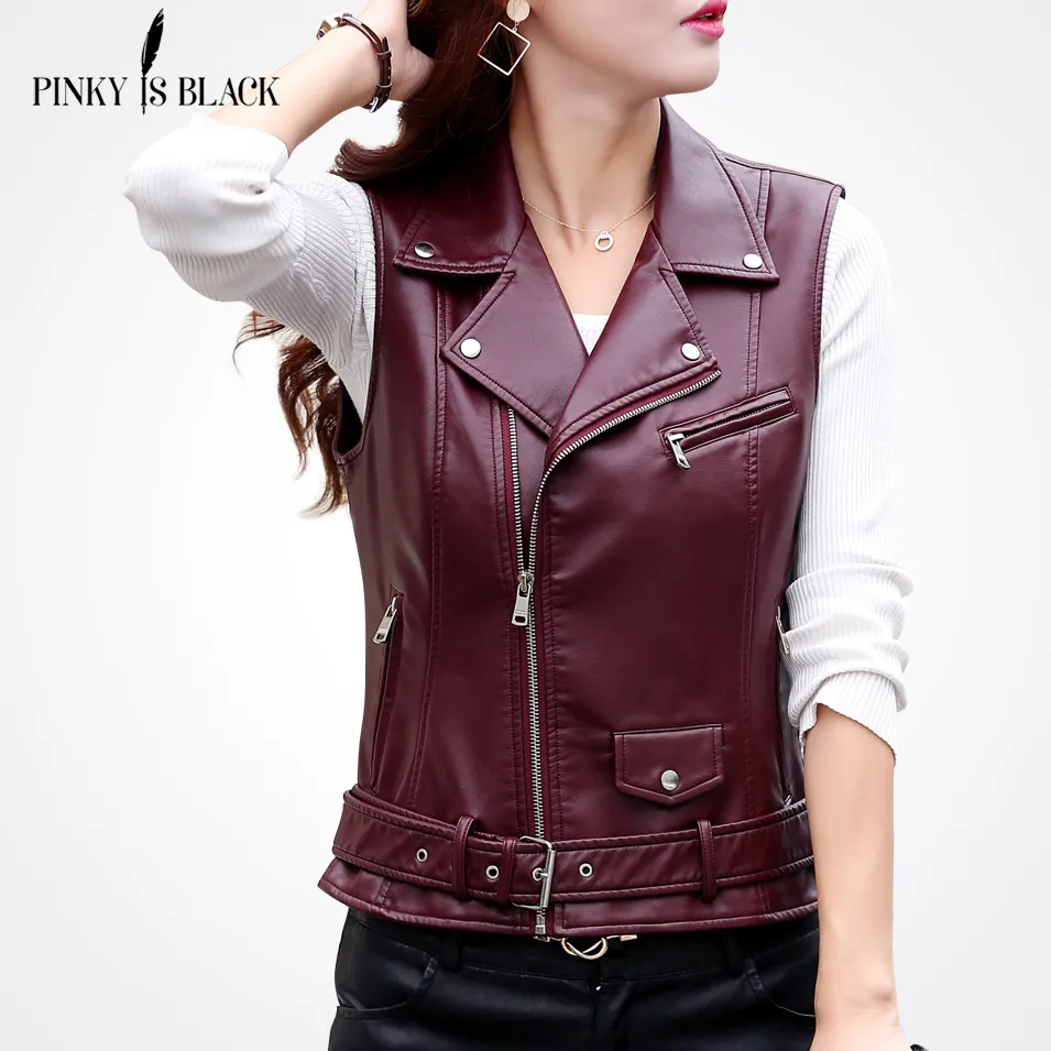 PinkyIsBlack Women PU Leather Vest Ladies Tactical Leather Motorcycle Vest Pocket Vest Waistcoat Female Sleeveless Waistcoat