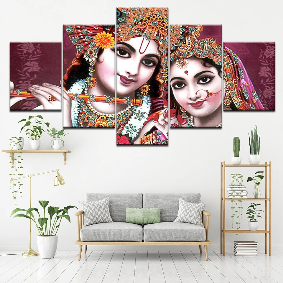 Картина на холсте Shri RADHA &amp KRISHNA Красивая 5 шт. Настенная картина модульные обои
