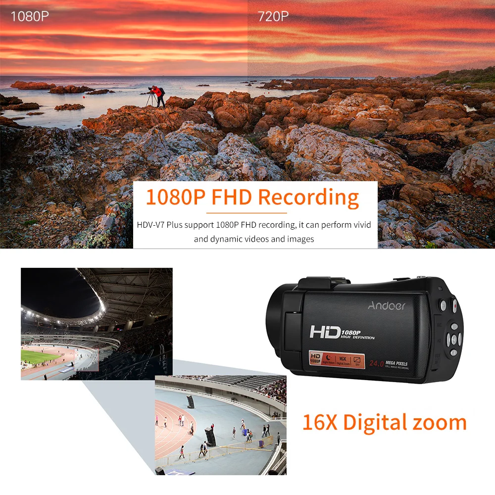 Портативная Цифровая видеокамера Andoer HDV V7 PLUS 1080P Full HD 24 МП с дистанционным