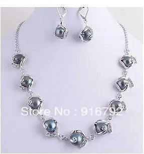 

free shipping ******Natural Black Pearl Zircon Necklace Earrings Sets