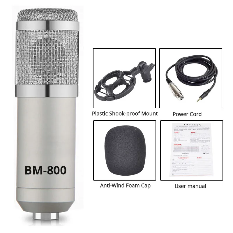 BM 800, Студийный микрофон, конденсаторный микрофон, вокальная запись, KTV, караоке, BM800, микрофонный микрофон для радио, Braodcasting, пение, держатель микрофона - Цвет: Silver Kit C