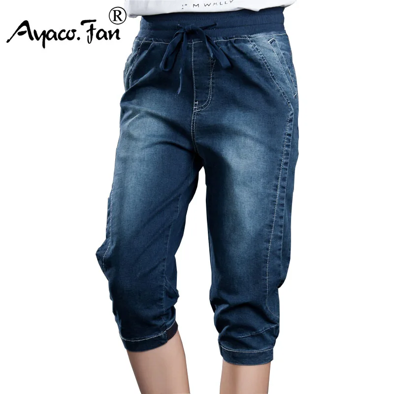 Dark Blue Jeans Женские джинсы размера плюс 5XL, эластичные джинсы для женщин, большие свободные капри джинсы для женщин в стиле бойфренд Feminino, винтажные синие шаровары - Цвет: Dark Blue Jeans