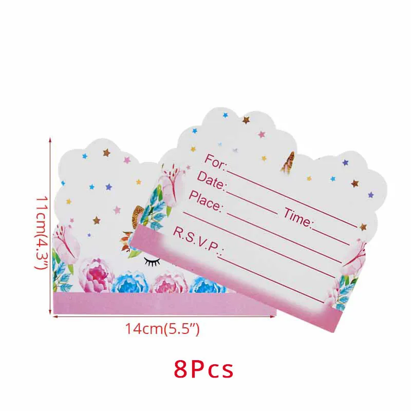 8pcs invite card Единорог вечерние 4 шт набор девушка пользу Единорог повязка на голову створки номер фольги шар детский душ Декор детские игрушки для вечеринки в честь Дня Рождения украшения - Цвет: 8pcs invite card