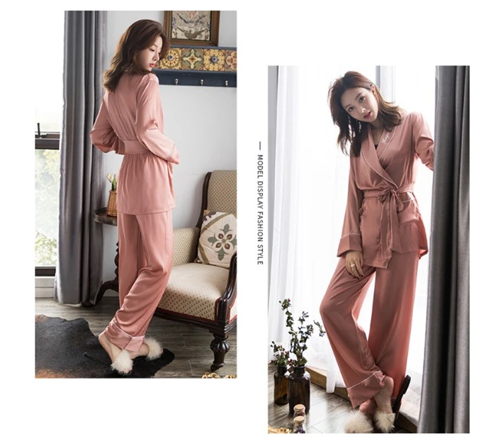 Японские пижамы для женщин Ice Silk Satin Домашняя одежда весна осень однотонная Пижама комплект Женский Пижамный костюм с длинным рукавом 2 шт. MA50132