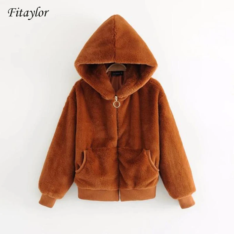 Fitaylor весеннее плюшевое пальто с капюшоном женское повседневное зимнее из
