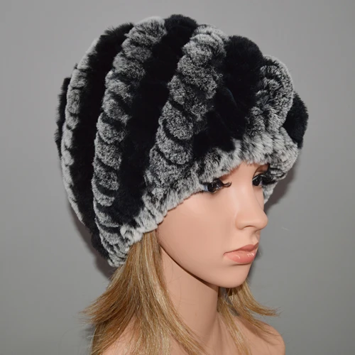 grey and black Шапка из натурального меха кролика рекс для русской зимы, шапка из натурального меха кролика Рекс, женская теплая шапка из кроличьего меха Skullies Beanies - Цвет: grey and black