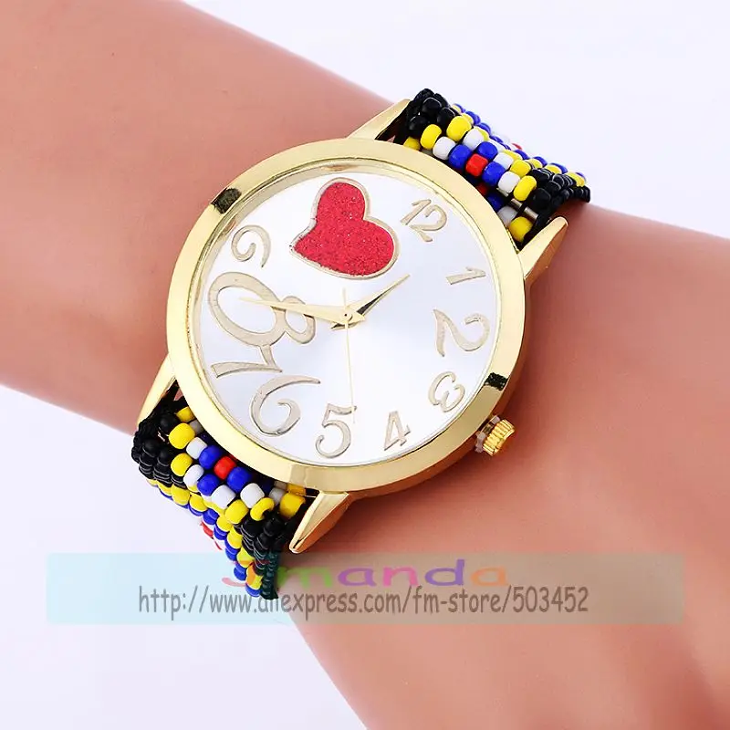 100pcs/lot 918097 women bead rope bracelet watches new ladies casual dress weave love big number watch heart style beaded clock | Наручные