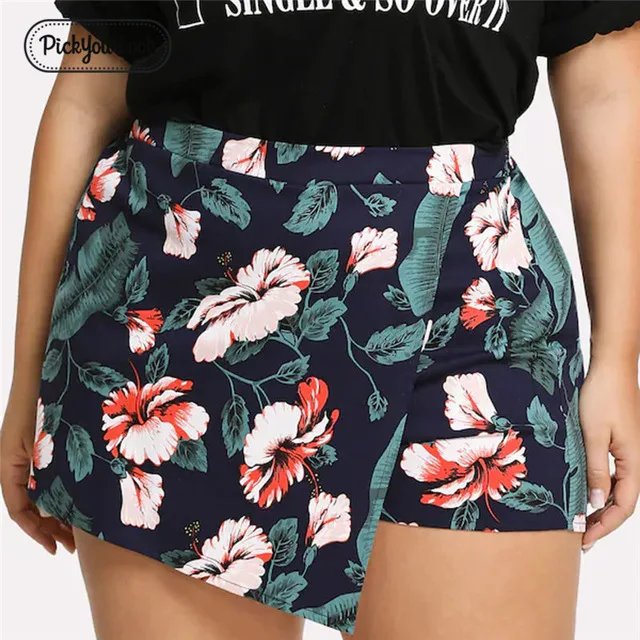 Pickyourlook Женская юбка шорты размера плюс Цветочные пляжные мини брюки для леди модные летние женские шорты с высокой талией - Цвет: Зеленый