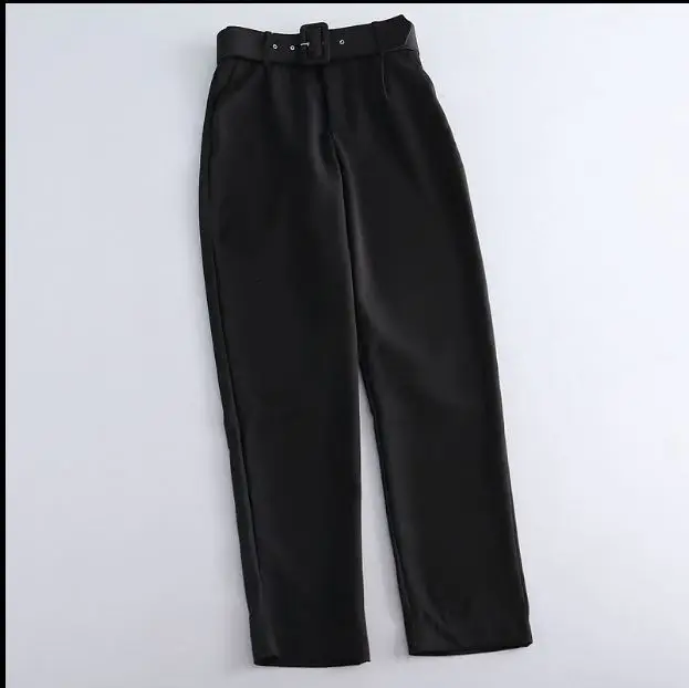 NEW Fashion Woman Black CREPE TROUSERS WITH Buckle BELT High Rise front pleats Back Sides piped pockets Long Pants