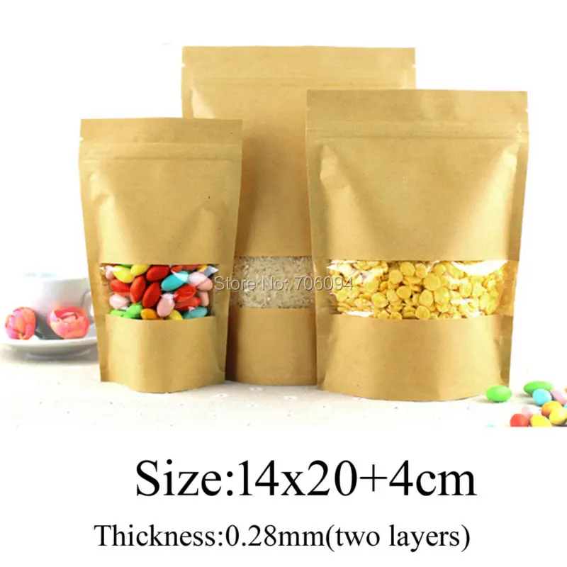 

14*20+4cm,200pcs Stand-up Kraft Paper Bag for gift candy coffee tea Window Kraft Zipper/zip lock Bag,Brown Kraft Paper Pouch