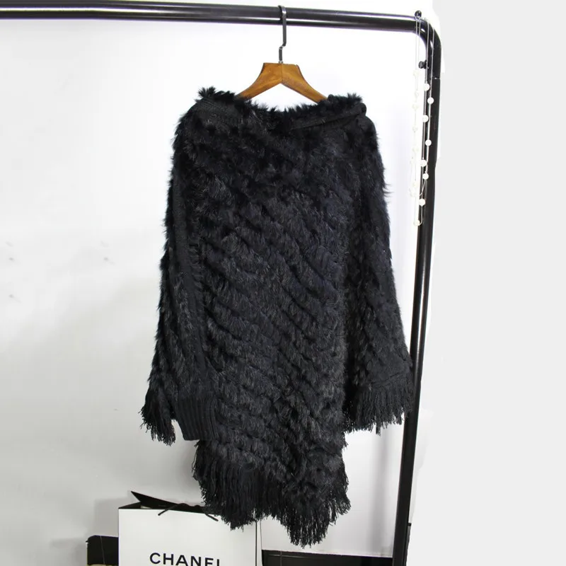 (TopFurMall) женское Вязаное пончо из кроличьего меха шали с капюшоном кисточками
