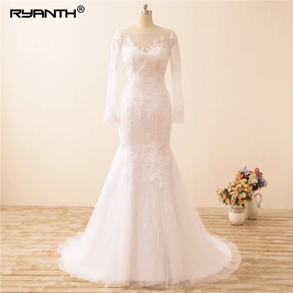 

Vestido de Novia 2019 Trouwjurk Luxury Shinning Lace Mermaid Wedding Dress Sexy See Through Back Long Sleeves Robe de mariee