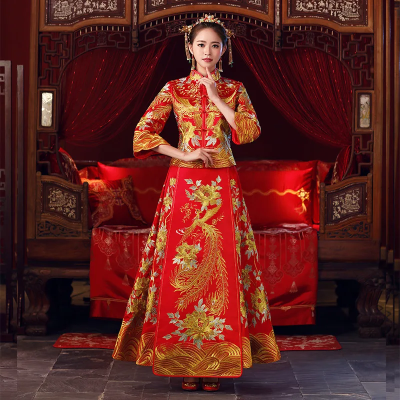 

Китайский стиль, свадебное платье, свадебная вышивка, cheongsam, заграничная традиционная невеста, элегантный Qipao, костюмы для женщин, плюс разме...