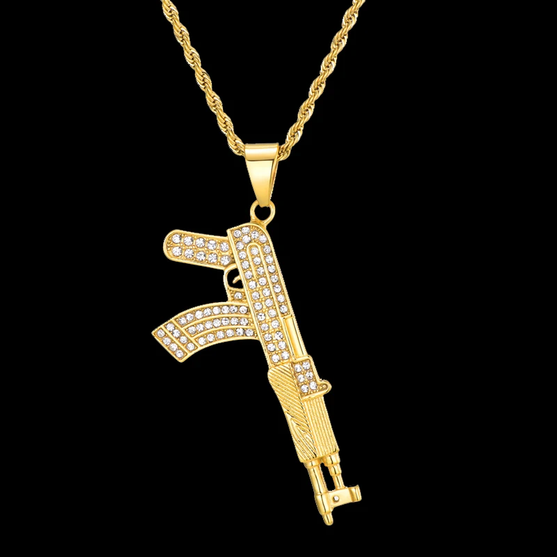 Хип-хоп Iced Out Full Стразы AK47 колье с кулонами в виде пистолетов и подвесок блестящее Золотое ожерелье из нержавеющей стали для мужчин ювелирные изделия