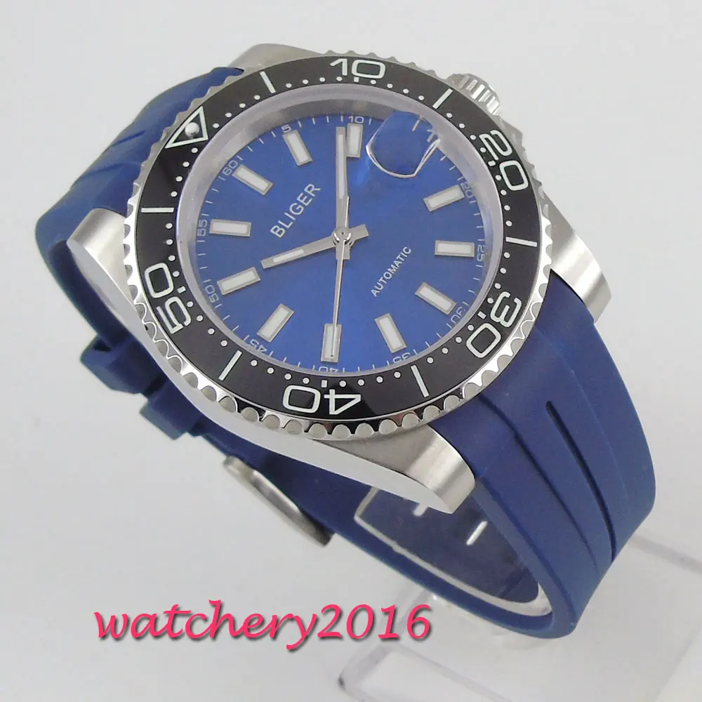 

Bliger 39mm Blue dial luminous hands full stainless steel Case Rubber Strap Sapphire Glass automatic movement Men's Watch