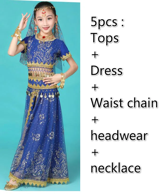 5pcs dark blue Костюмы для Танцев Живота для девочек, дизайн, детские платья для восточных танцев, индийское болливудское танцевальное профессиональное снаряжение для детей, 4 цвета - Цвет: 5pcs dark blue